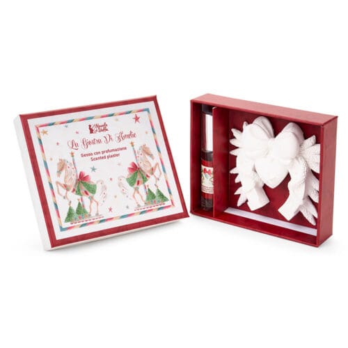 Cofanetto regalo con gesso profumato bianco a forma di fiocco e spray profumato, in scatola decorata a tema natalizio La Giostra di Amelie.