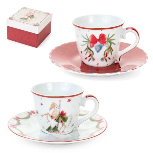 Set 2 tazzine in porcellana con piattino e decorazioni natalizie. Motivi con cavallino e cuore azzurro. Confezione regalo La Giostra di Amelie.