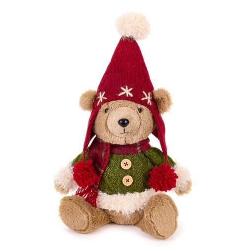 Orsetto di peluche in posizione seduta con cappello rosso, maglione verde e pon pon rossi, collezione La Giostra di Amelie.
