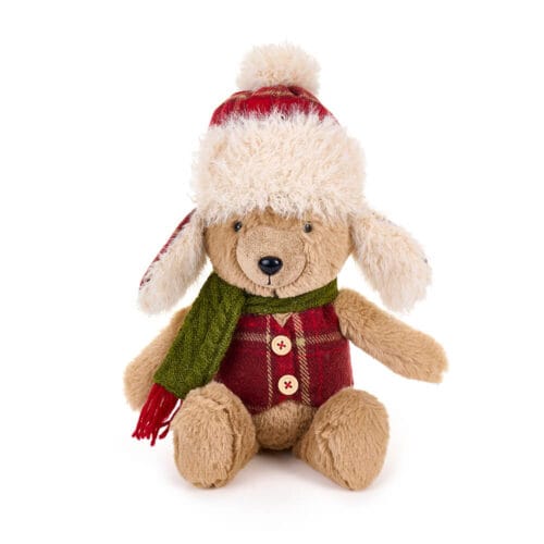 Orsetto seduto in peluche con gilet a quadri, cappello in pelliccia e sciarpa verde, collezione La Giostra di Amelie.