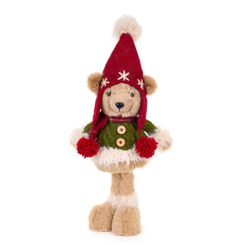 Orsetto natalizio in peluche con maglione verde, cappello rosso e pon pon, della collezione La Giostra di Amelie.