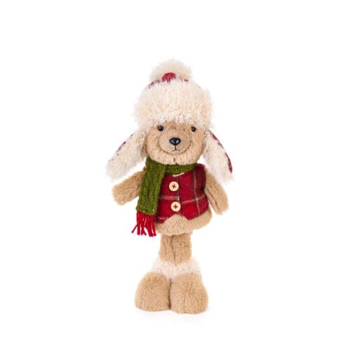 Orsetto natalizio in stoffa con cappello peluche, gilet a quadri rossi e sciarpa, collezione La Giostra di Amelie.