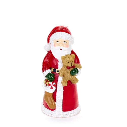 Candela sagomata a forma di Babbo Natale con orsetto e calza regalo, in cera colorata con dettagli natalizi.