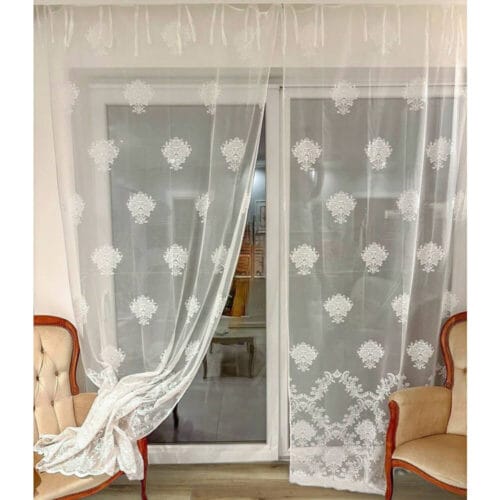 Rideaux en dentelle blanche Cleome avec broderie médaillon et festonnage décoratif, 140x280 cm