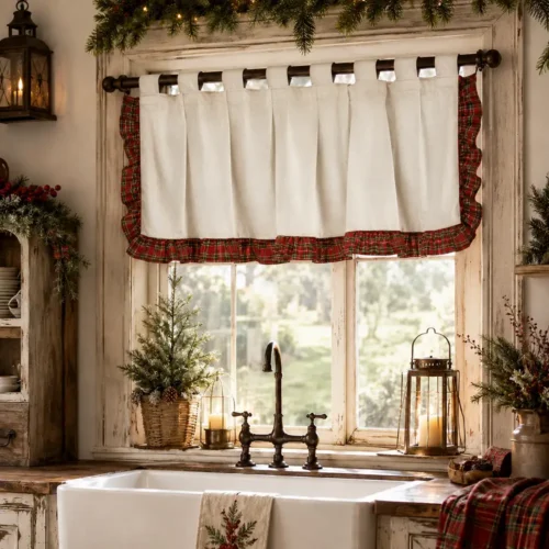 Manto de Terciopelo Crema Clodette con Rouche de Tartan 150x50 cm