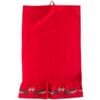 Canovaccio rosso con balza decorata da fiocchi dorati e rametti verdi ricamati, in stile natalizio.