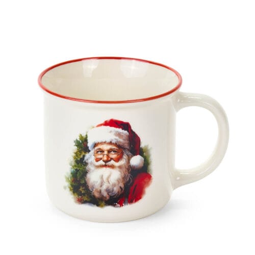 Tazza in ceramica color con bordo rosso e illustrazione di Babbo Natale, confezionata in scatola natalizia a quadri scozzesi.