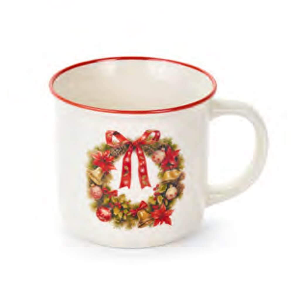 Tazza in ceramica panna con bordo rosso e decorazione a forma di ghirlanda con fiocco, in confezione regalo scozzese.