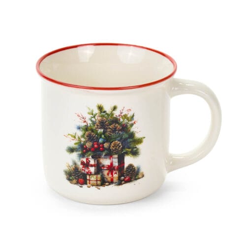 Tazza in ceramica con bordo rosso e illustrazione di pacchi regalo natalizi, pigne e rami di pino, in scatola regalo scozzese.