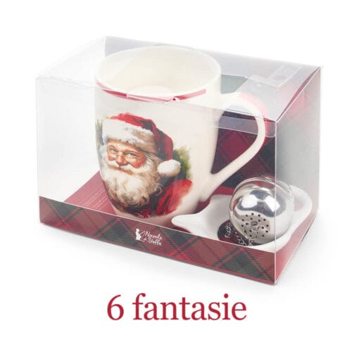 Tazza in ceramica con decorazioni natalizie assortite, infusore in metallo e piattino con fantasia scozzese, confezionata in elegante scatola regalo.