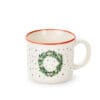 Tazzina in ceramica con ghirlanda natalizia e stelline rosse e verdi su fondo bianco con bordo rosso.