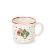 Tazzina in ceramica decorata con pacchetti regalo e stelle rosse su sfondo bianco, con bordo rosso.