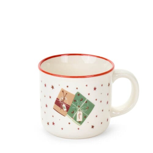 Tazzina in ceramica decorata con pacchetti regalo e stelle rosse su sfondo bianco, con bordo rosso.