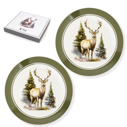 Set 2 piatti in ceramica decorati con cervo e alberi, con scatola regalo illustrata.