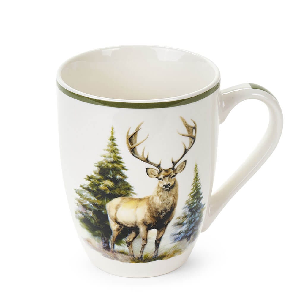 Tazza in ceramica Bosco Incantato da 350 ml con illustrazione di cervo e scatola regalo abbinata.