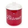 Barattolo in stoneware rosso con scritta “Biscuit” e coperchio avorio con pomello a cuore, stile natalizio.