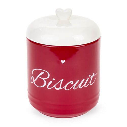 Barattolo in stoneware rosso con scritta “Biscuit” e coperchio avorio con pomello a cuore, stile natalizio.