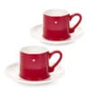 Coppia di tazzine da caffè in porcellana rossa con cuore bianco e piattino abbinato bianco, stile natalizio.