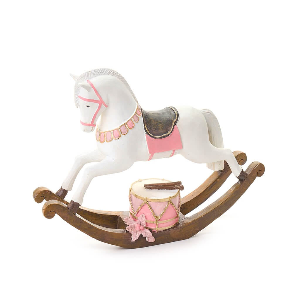 Nuvole di Stoffa Cavalluccio con Tamburo 32x25 cm 2 Cavalluccio a dondolo in resina bianca con sella rosa e tamburo decorativo, rifinito a mano, ideale come decorazione natalizia.