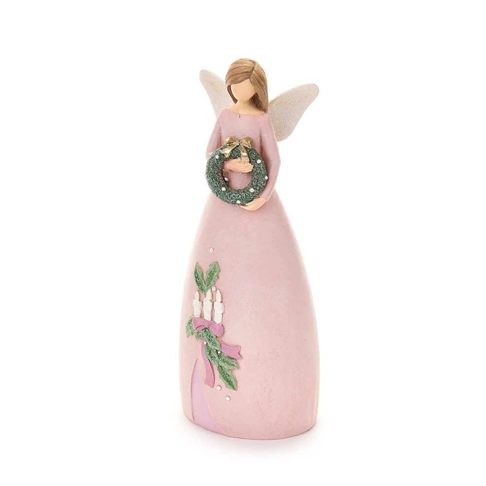Statuina in resina raffigurante un angelo con abito rosa, ali glitterate, ghirlanda natalizia verde e decoro con candele sul vestito.