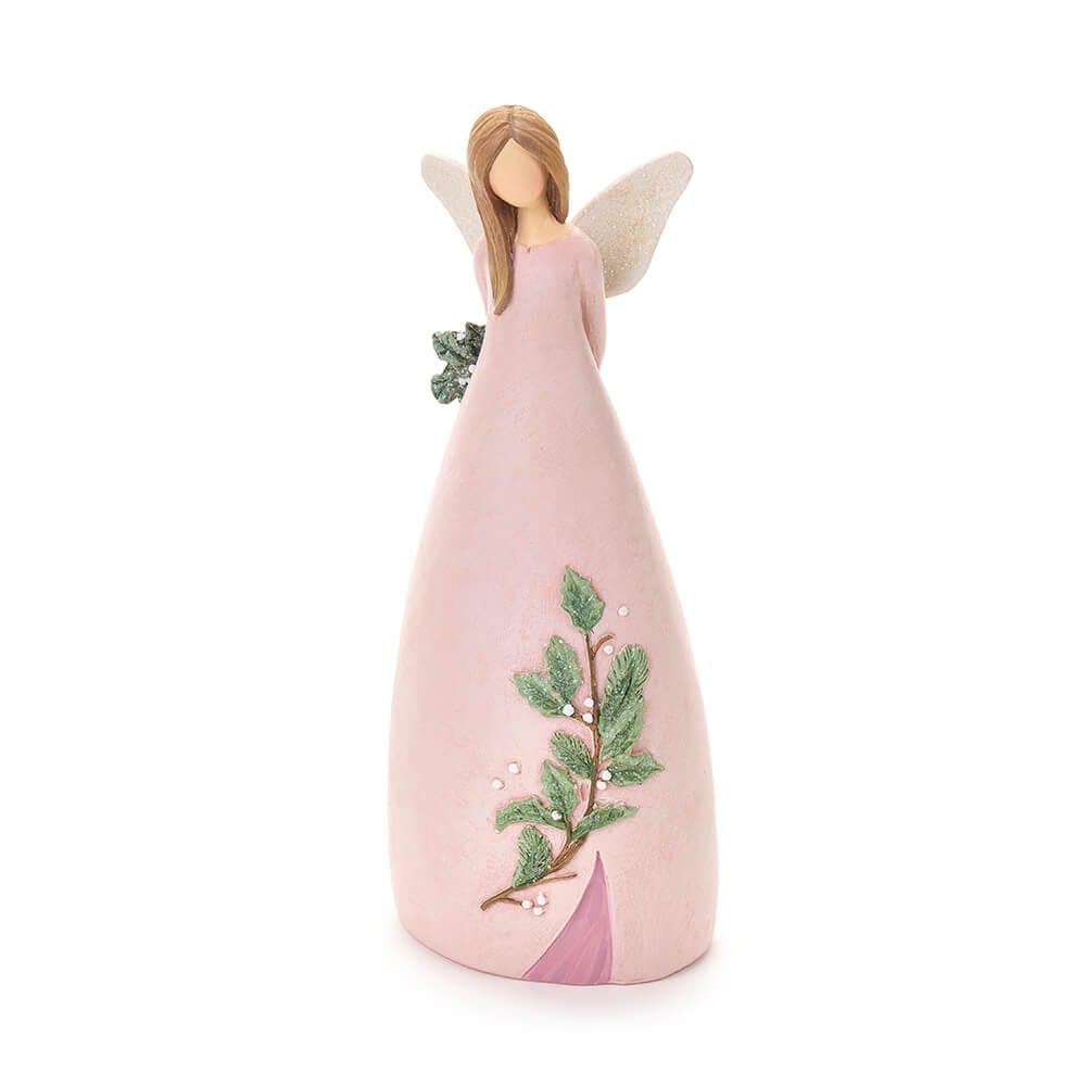 Angelo in resina con abito rosa, ali glitterate e ramo decorativo verde con effetto neve e piccole perle bianche.