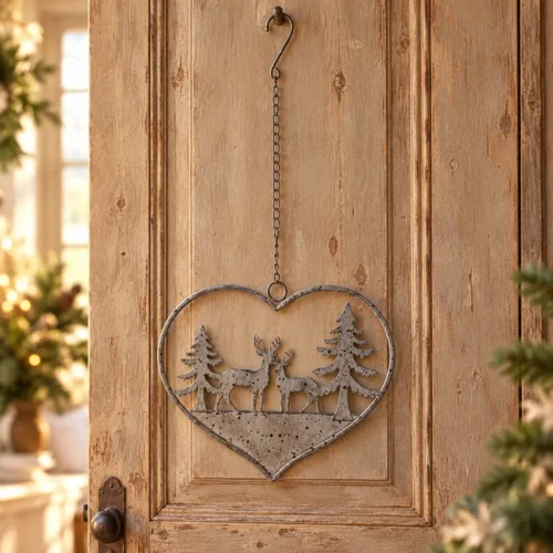 Decorazione in metallo a forma di cuore con scena boschiva intagliata e catena per appenderla.