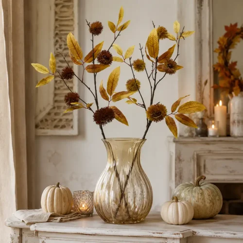 Rama decorativa otoñal EDG con hojas de color amarillo-marrón y bellotas muy realistas, disponible en dos tonos.