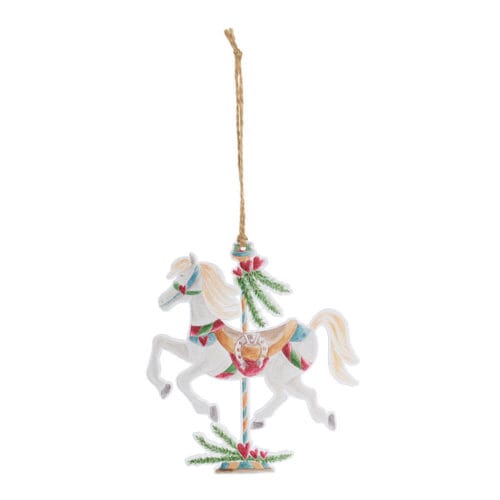 Decorazione natalizia in metallo a forma di cavallo da giostra, con colori pastello e cuoricini rossi, completa di cordino per appenderla.