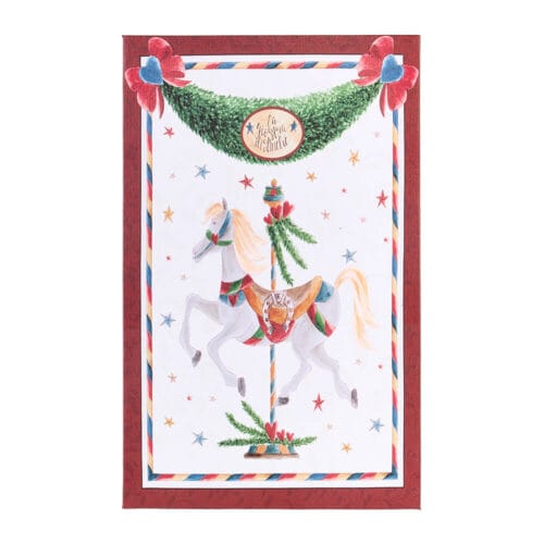 Quadro natalizio in canvas con illustrazione di una giostra a cavallo, decorazioni rosse e verdi, e bordi con motivi natalizi, pronto da appendere.