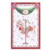 Quadro natalizio in tela con cavallo da giostra decorato in rosso, verde e oro, con ghirlanda festiva e cornice a righe colorate.