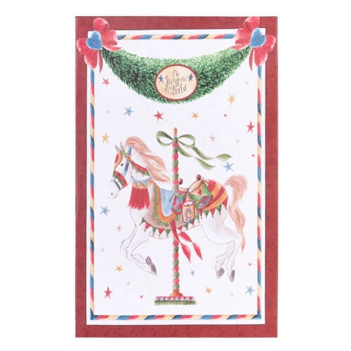 Quadro natalizio in tela con cavallo da giostra decorato in rosso, verde e oro, con ghirlanda festiva e cornice a righe colorate.