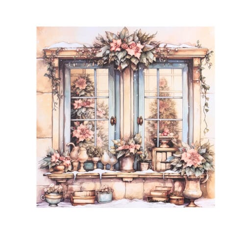 Quadro su tela con immagine natalizia di una finestra decorata con fiori, pacchi, oggetti vintage e riflesso di albero. Misura 30x30 cm.