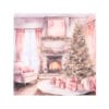 Quadro su tela con scena natalizia: poltrona rosa, camino acceso, albero con palline e pacchi regalo. Collezione Darling, misura 30x30 cm.