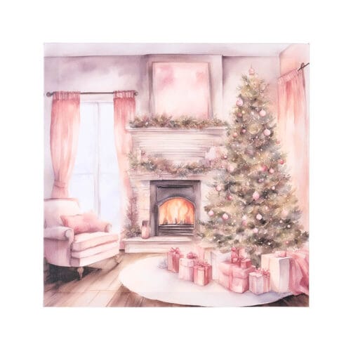 Quadro su tela con scena natalizia: poltrona rosa, camino acceso, albero con palline e pacchi regalo. Collezione Darling, misura 30x30 cm.