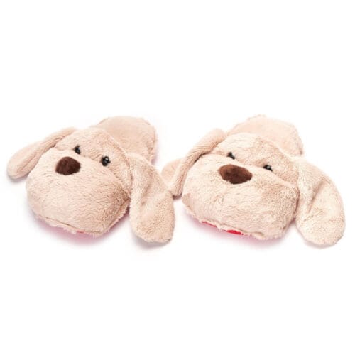 Pantofole in peluche beige a forma di cane, con orecchie lunghe e musetto tridimensionale, taglia 41-43.