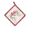Presina in cotone double face con decorazione natalizia: fiocco rosso, cuore celeste e rami verdi su sfondo crema; retro rosso tinta unita.