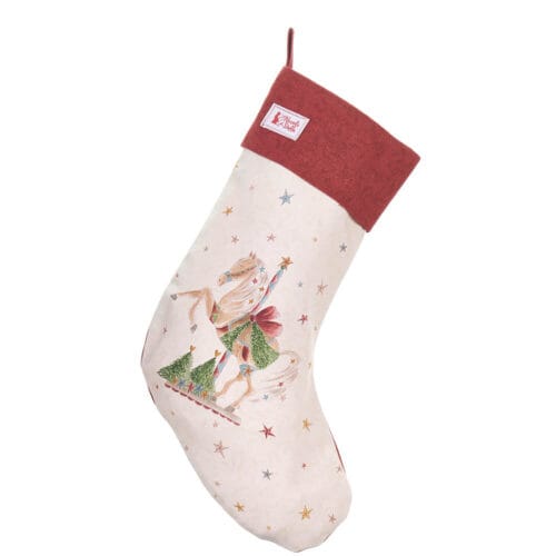 Calza della Befana in cotone con cavalluccio giostra, stelle colorate e risvolto rosso in tessuto, dotata di asola per appenderla.