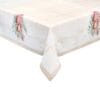 Tovaglia lunga in cotone 160x320 cm, decoro natalizio con campanelle dorate, fiocchi rosa e rametti verdi su fondo avorio e quadretti rosa.