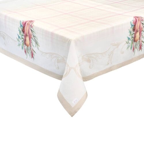 Tovaglia lunga in cotone 160x320 cm, decoro natalizio con campanelle dorate, fiocchi rosa e rametti verdi su fondo avorio e quadretti rosa.