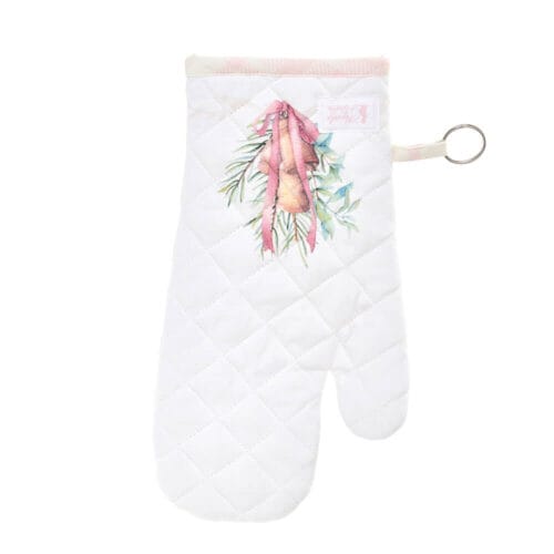 Guantone da forno 19x32 cm in cotone imbottito, decorazione natalizia con campanelle e fiocco rosa, retro scozzese rosa, collezione Darling.