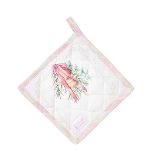 Presina imbottita double face 18x18 cm in cotone, con decorazioni natalizie e motivo scozzese rosa cipria, collezione Darling.
