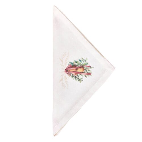 Tovagliolo in cotone 40x40 cm con decorazione natalizia di campanelle dorate, fiocco rosa e rami verdi su fondo avorio, collezione Darling.