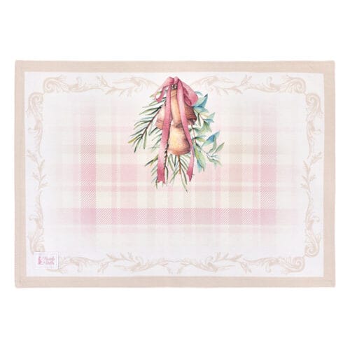 Tovaglietta americana 33x50 cm double face in cotone, con decorazione natalizia di campanelle e fantasia scozzese rosa, collezione Darling.