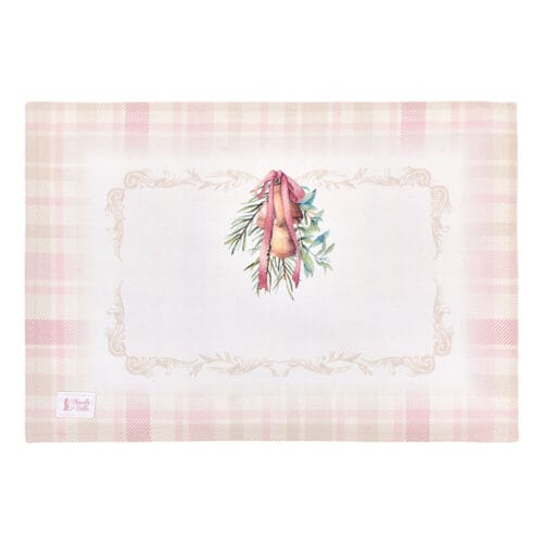 Tovaglietta americana 33x50 cm in cotone double face, con decoro natalizio di campanelle e retro a quadretti rosa, collezione Darling.