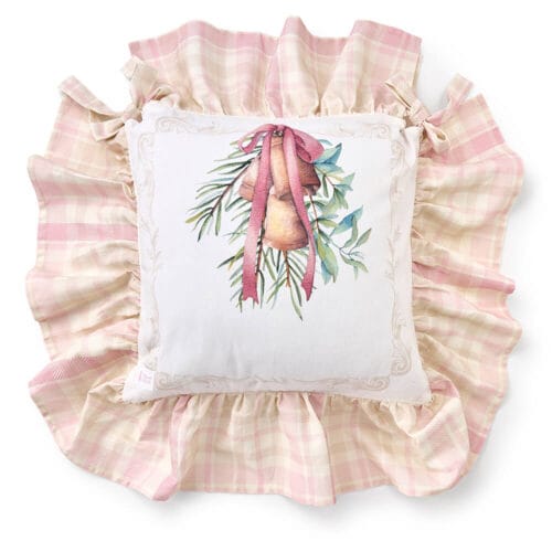 Cuscino per sedia in cotone con imbottitura, decorato con campanelle dorate e fiocco rosa, balza a quadretti rosa e panna, collezione Darling.