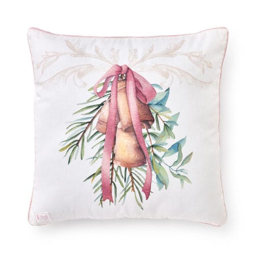 Cuscino 40x40 cm in cotone double face, con stampa natalizia di campanelle e retro a quadretti rosa, completo di imbottitura.