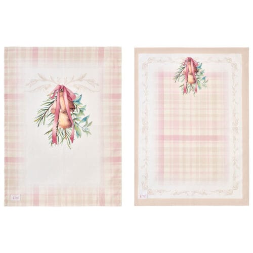 Due strofinacci in cotone 50x70 cm con decorazioni natalizie di campanelle, fiocchi rosa e quadretti panna e rosa, collezione Darling.