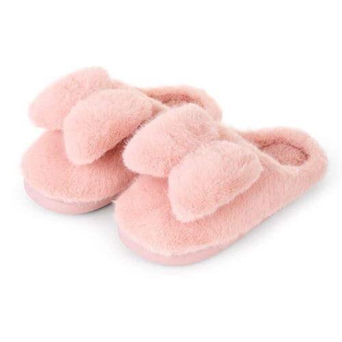 Ciabatte rosa in peluche con fiocco grande, suola antiscivolo e scatola regalo, disponibili in diverse taglie, collezione Darling.