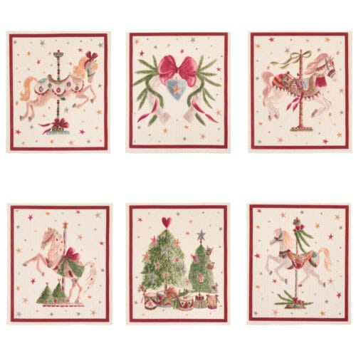 Set da 6 spugne in cellulosa con illustrazioni natalizie: cavallucci, alberi, fiocchi e cuori in stile vintage su fondo chiaro, confezionate in scatola regalo.