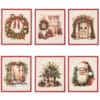 Set di sei spugnette natalizie in cellulosa con disegni vintage di Natale, tra cui Babbo Natale, ghirlande, regali e scenari innevati, con bordo rosso.